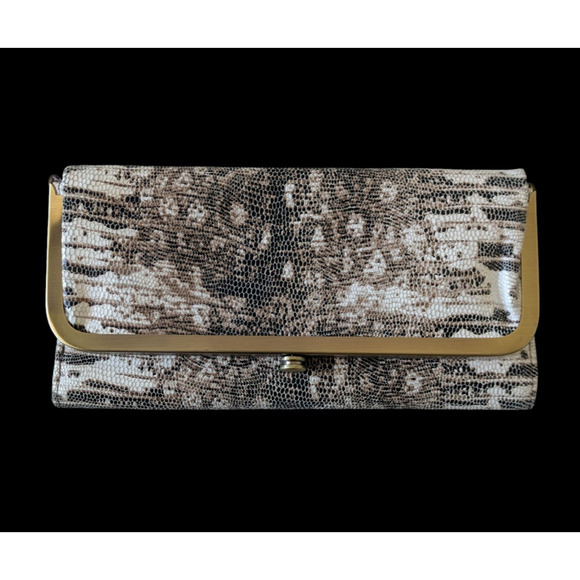 HOBO Rachel Continental Wallet Lizard Printed Leather Brown White Reptile Snake - Picture 1 of 9